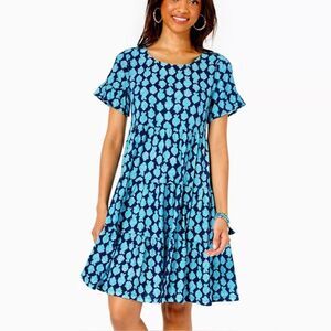 Lilly Pulitzer Low Tide Blue Fish Print Jodee Tiered Beach Swing Dress Size XS